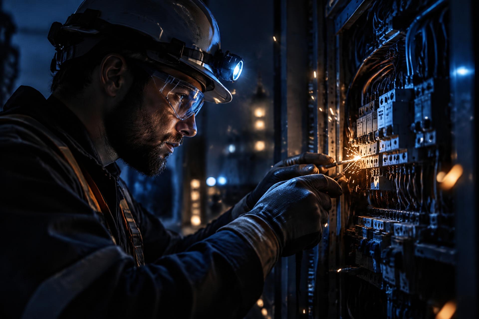 Electrician working on a distribution board at night